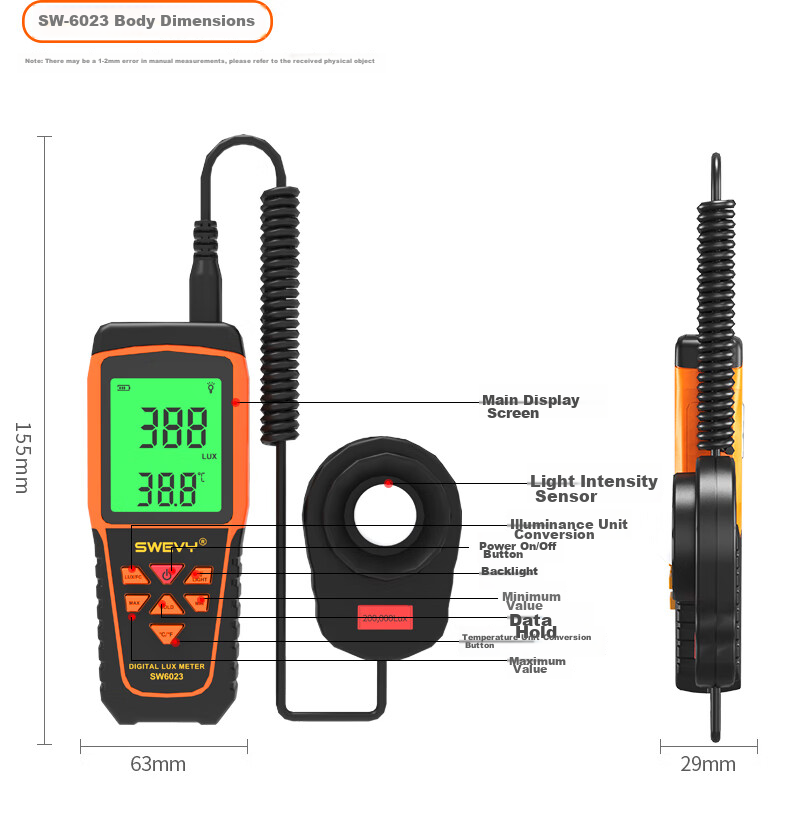 Suwei Illuminance Meter, Light Meter, Illuminometer, Brightness And Illuminance Tester, Light Meter SW6013 16