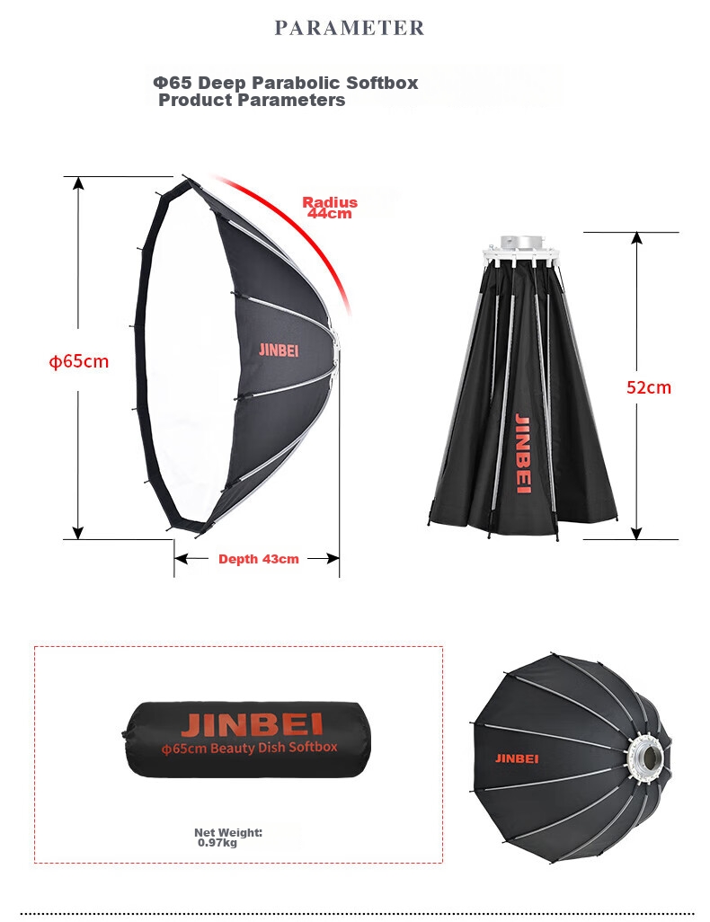JINBEI Φ65/85/105CM Deep Throw Softbox, Softbox Accessory, Photography Light, LED Continuous Light, Flashlight, Studio Equipment, Φ85CM Deep Throw Softbox 3