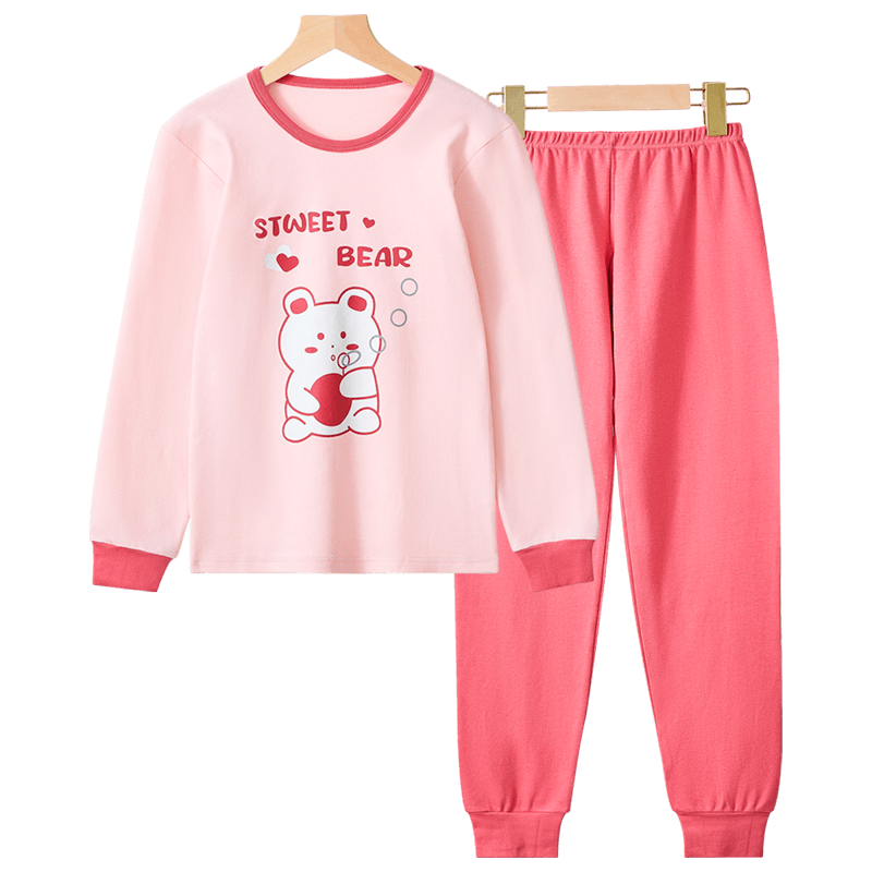 LangSha Children's Underwear, Girls' Autumn Top And Pants, Pure Cotton Antibacterial, Youth Student Baby Autumn And Winter Warm Pajama Set