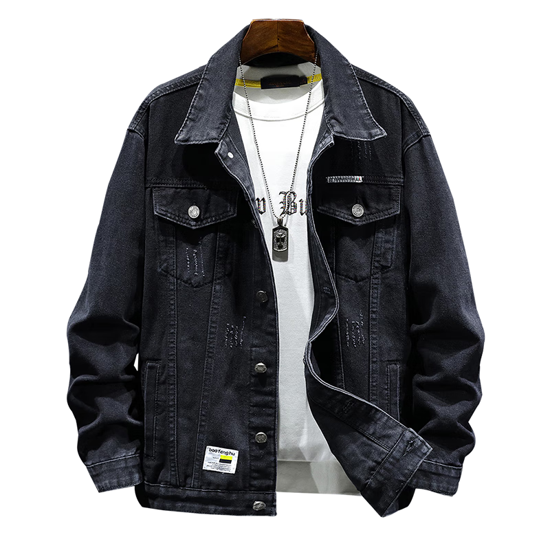 Jeanswest Men's Jacket, 2026 Autumn Denim Jacket, Cool Trendy Workwear Lapel Coat, Men's Black And Gray, Size M