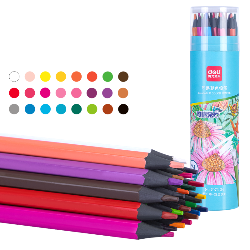 Deli 24-Color Erasable Colored Pencils, Eco-Friendly Non-Wood Children's Drawing Colored Pencils for Painting, Interest, Beginners, Preschool Coloring, Drawing Pencils with Eraser Tip, Graduatio