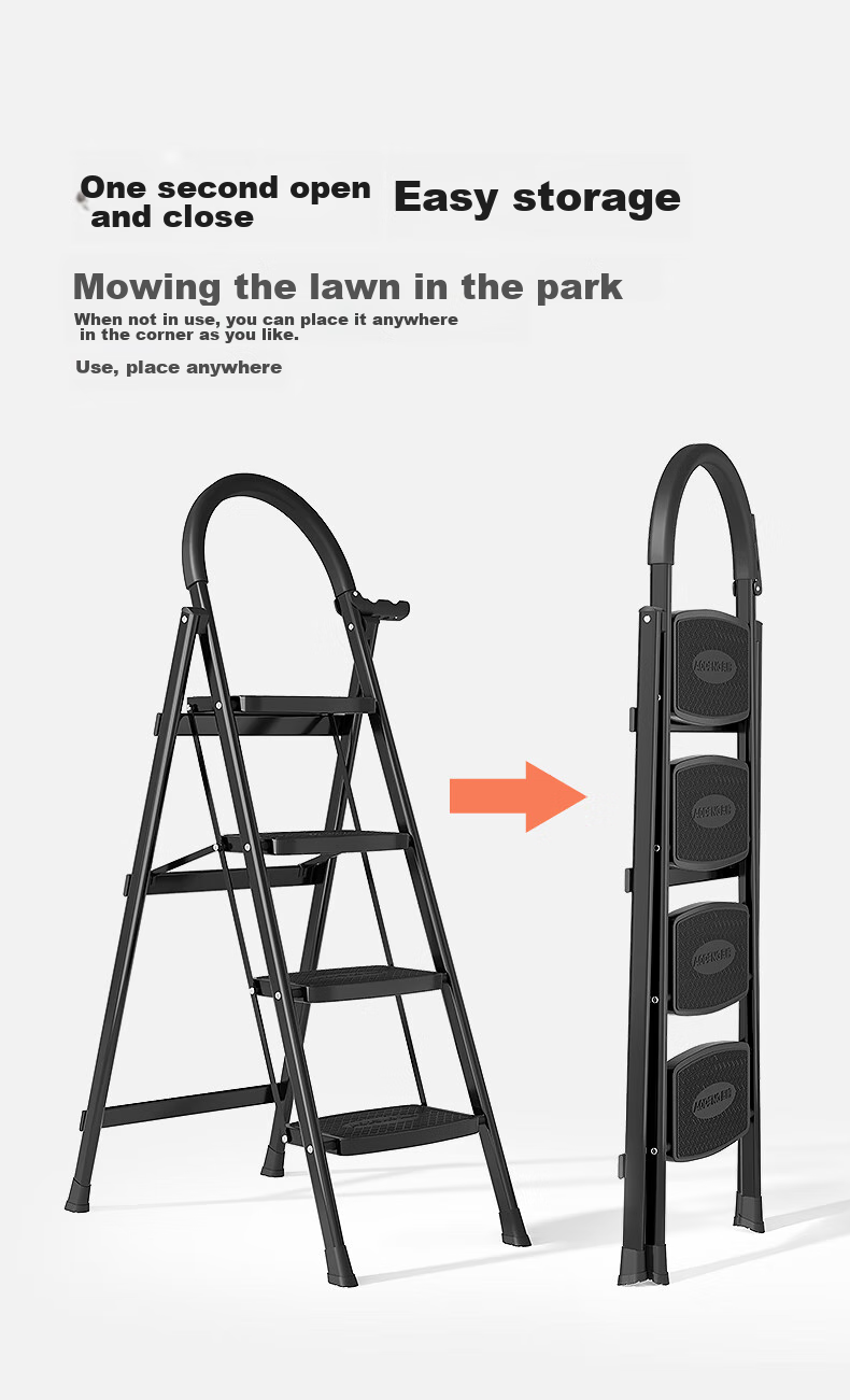 AOPENG Folding Ladder for Home Use, Four Steps Thickened Carbon Steel Wide Tread A-Frame Ladder Engineering Single-Sided Handrail Ladder 1264ST 16