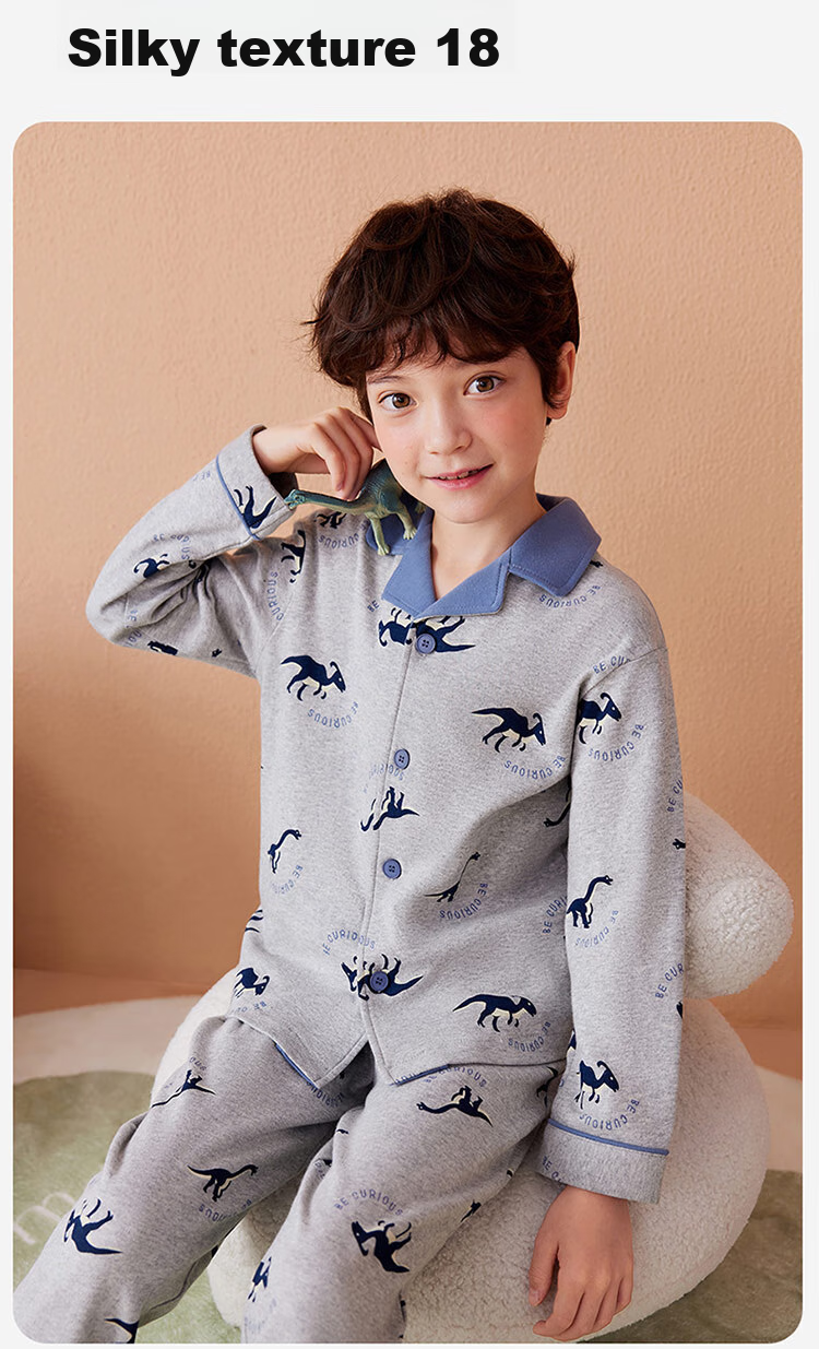 Dingguagua Children's Pajama Set, Pure Cotton Spring And Autumn Long-Sleeve Boys' Loungewear, All-Cotton Open-Front Sleepwear for Older Boys, Green, Size 150 9