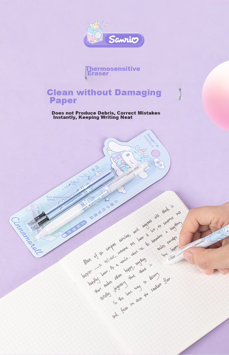GuangBo Erasable Gel Pen, Sanrio Collaboration Retractable 0.5mm Black Student Magic Pen, Office Thermal Signature Pen 3 Pcs [Pink Packaging] KT82116-3 6