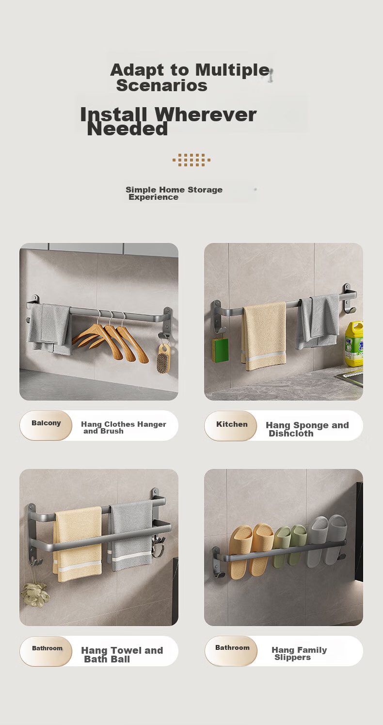 Baihan Towel Rack, Space Aluminum, No Drilling Required, Wall-Mounted Bathroom Storage Shelf with Hooks, Organizer Hanger Rod 12