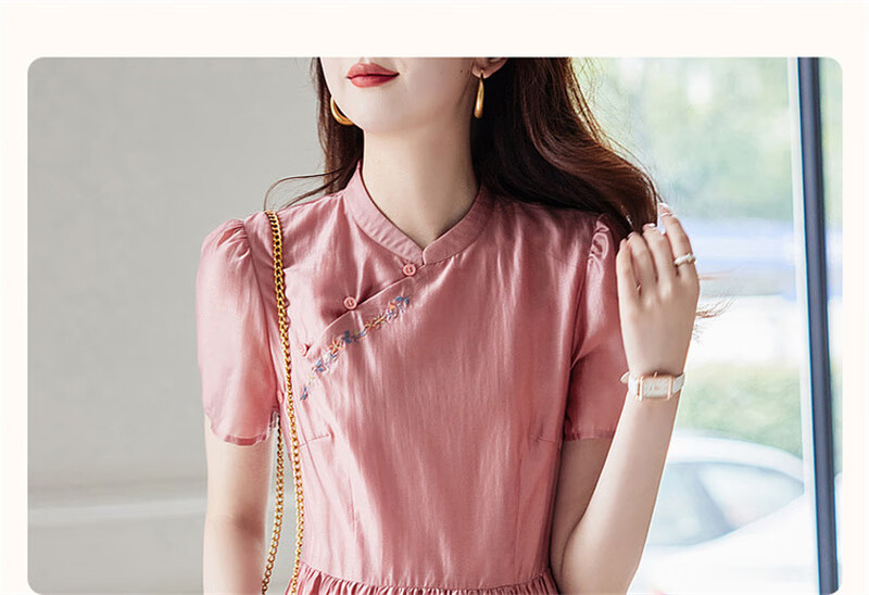 Dme [Elegant A-Line Embroidered Dress] Summer Commuter Stand-Collar Button-Up Midi Dress for Wome 4