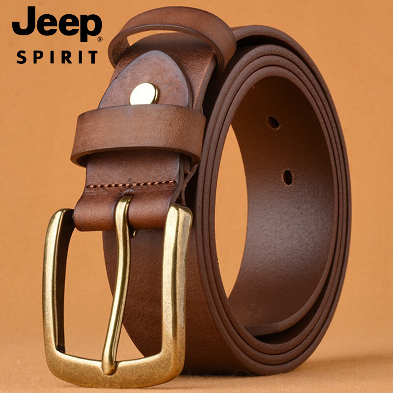 JEEP SPIRIT Men's Business Belt with Brass Buckle, Vintage Top-Grain Leather, Belt Loops, Waistband, Trouser Belt, Father's Day Gift for Dad