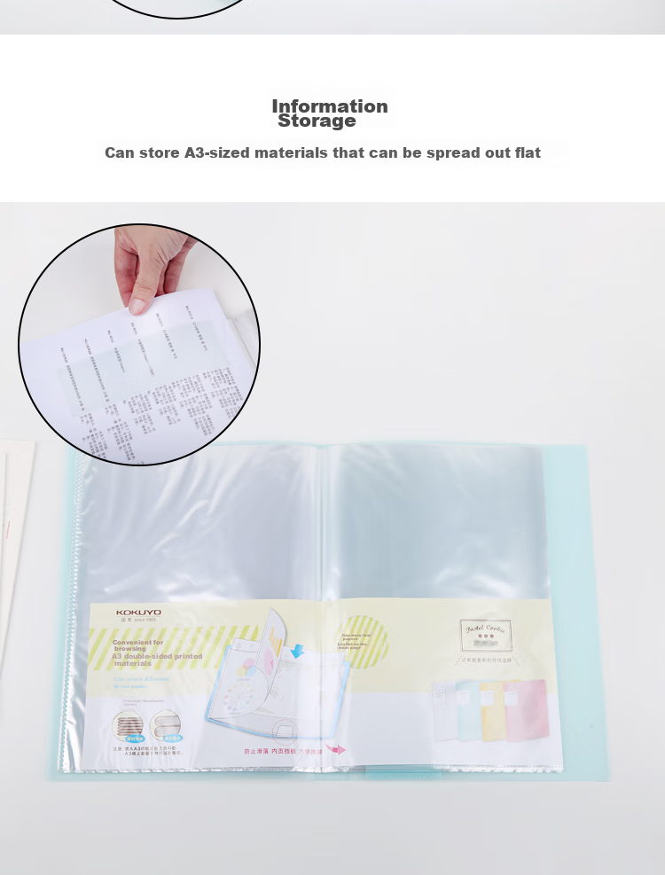 KOKUYO A3 Document Folder with Folding Design, Pastel Cookie Color, Blue, 20 Pockets, 1 Inner Page, 180-Degree Flat-Laying, Non-Slip Partitio 2