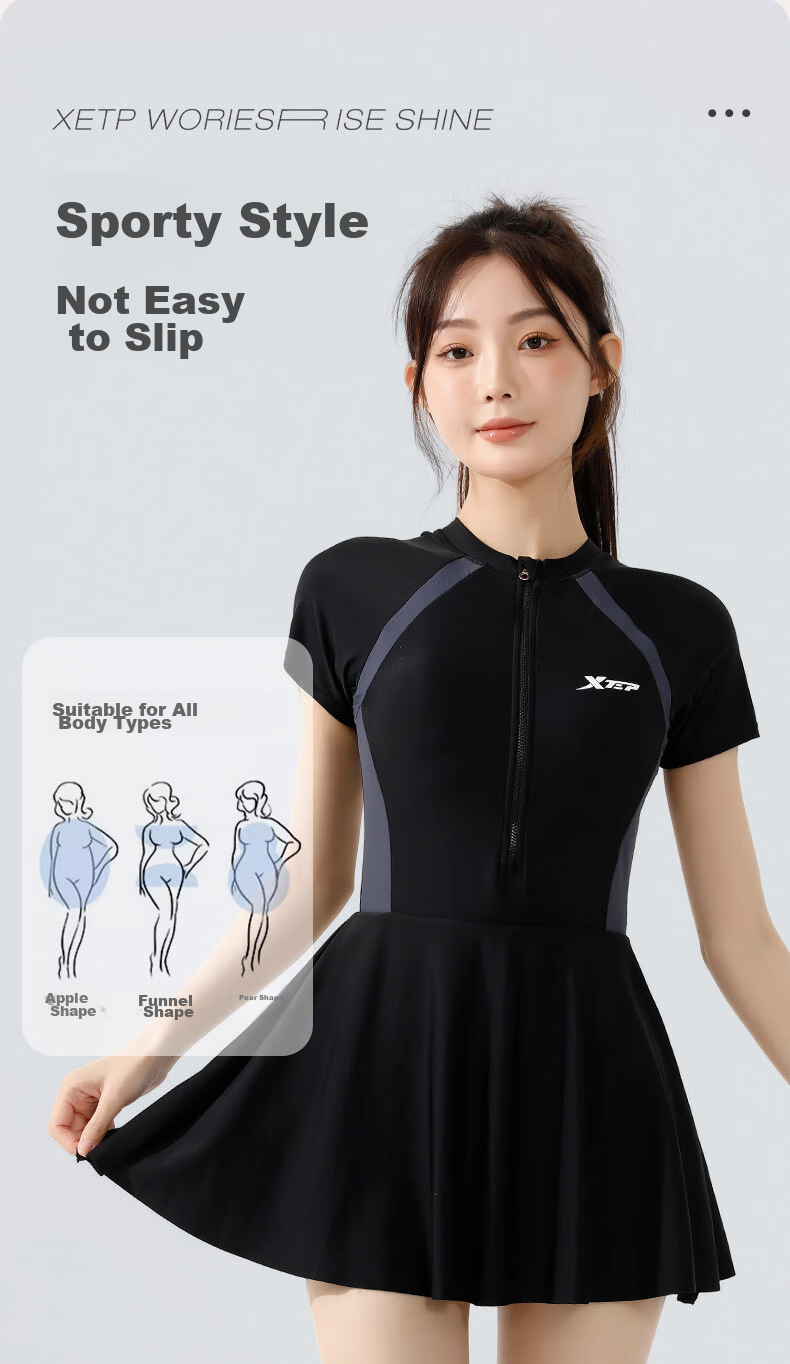 XTEP One-Piece Swimsuit Dress for Women with Skirt, Tummy Control Slimming Swimwear for Hot Springs, Black, Size M 5