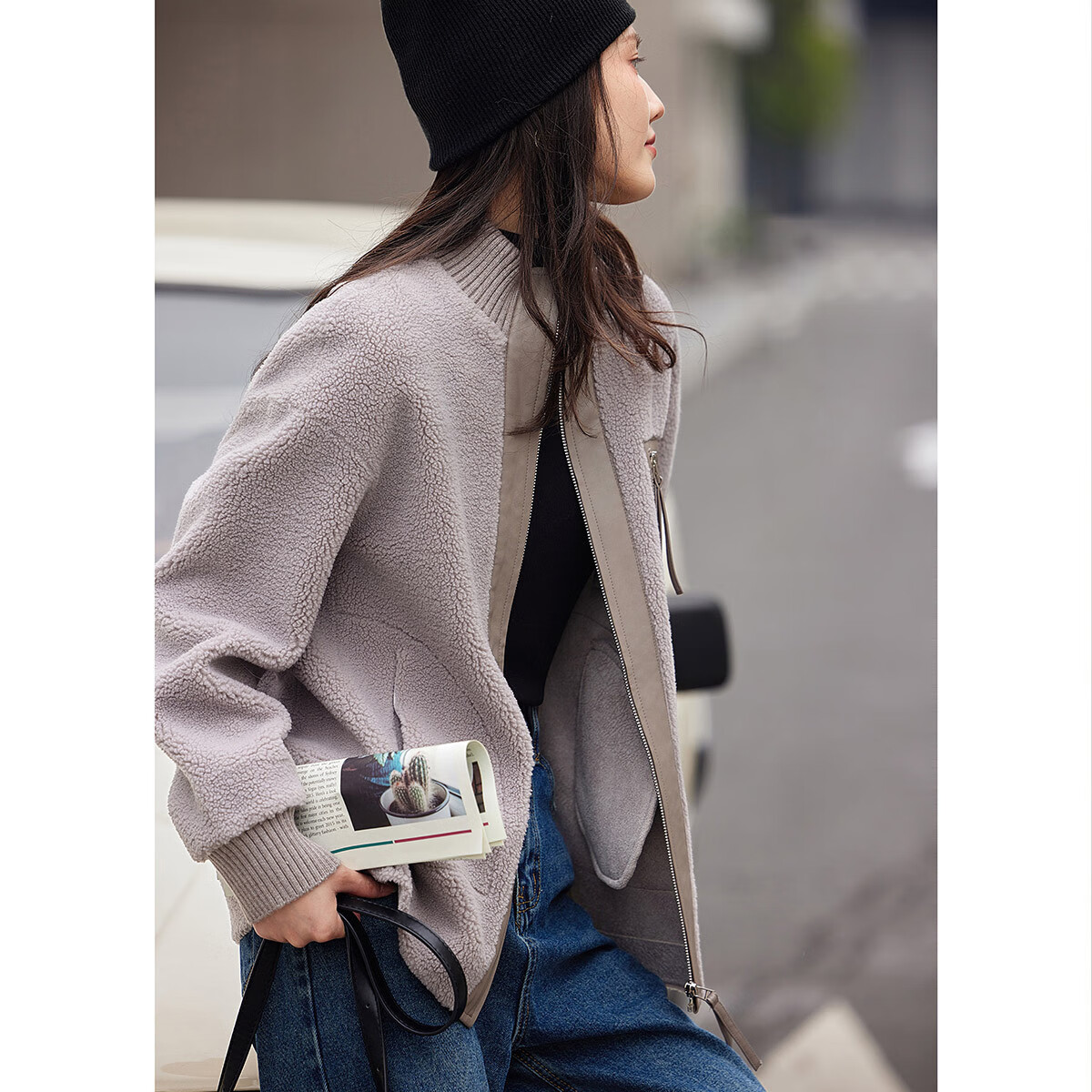 Женская куртка DME Fashion, короткая, из искусственной овечьей шерсти, зимняя, городская, повседневная, с отложным воротником и накладными карманами, дымчато-серая, размер M