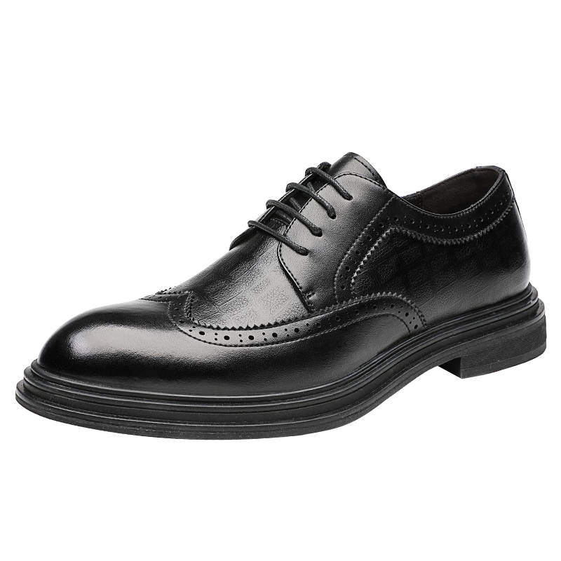 CARTELO Brogue Men's Shoes, British Low-Top Lace-Up Leather Shoes, Soft Cowhide Breathable Business Shoes 9342, Black, Size 40