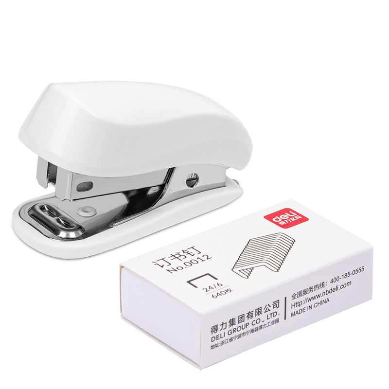 Deli 12# Mini Portable Stapler Set (Stapler, Staples), Exam Paper Binding, School Supplies, White 0255