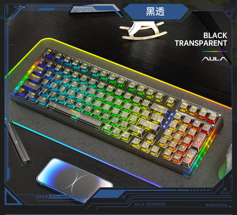 AULA F98ProV3 Custom Transparent Mechanical Keyboard 95-Key Hot-Swappable RGB Tri-Mode Wireless Wired Bluetooth Gasket Structure Gaming Pink Transparent Ice Spirit Switch 4