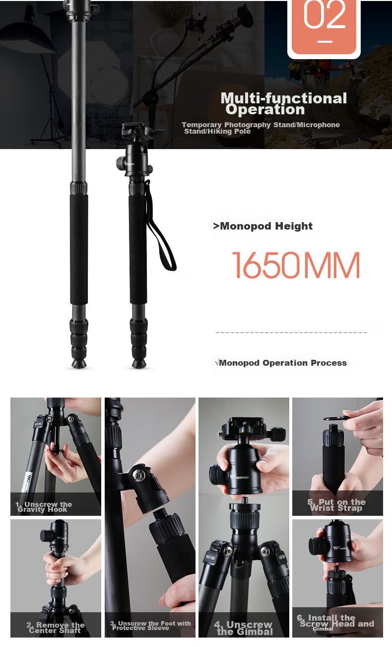 Weifeng WF-C6620A, Eight-Layer Carbon Fiber Tripod, Mirrorless And DSLR Camera Photography And Video Tripod, Portable Travel Tripod, Selfie Live Streaming Outdoor Floor Stand 7