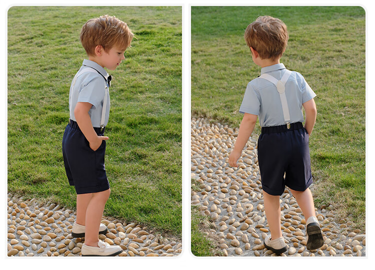 LUOBOBEIBEI Children's Summer Short-Sleeve Shirt And Suspender Shorts Set, Boys' Performance Formal Wear, White Four-Piece Set, Size 140 7