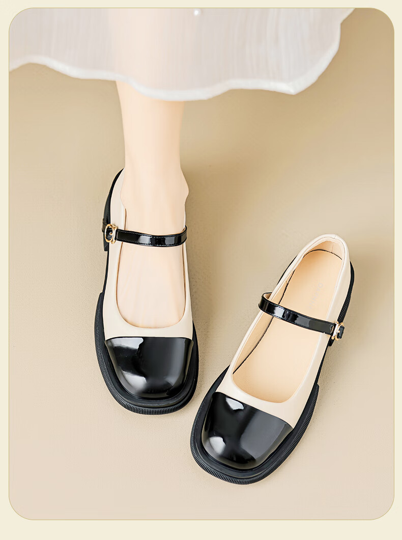 DAPHNE Black And White Mary Jane Shoes for Women, 2026 New Summer Style, Thick-Soled Versatile Shallow-Mouth Flat French Leather Shoes to Match Dresses 10