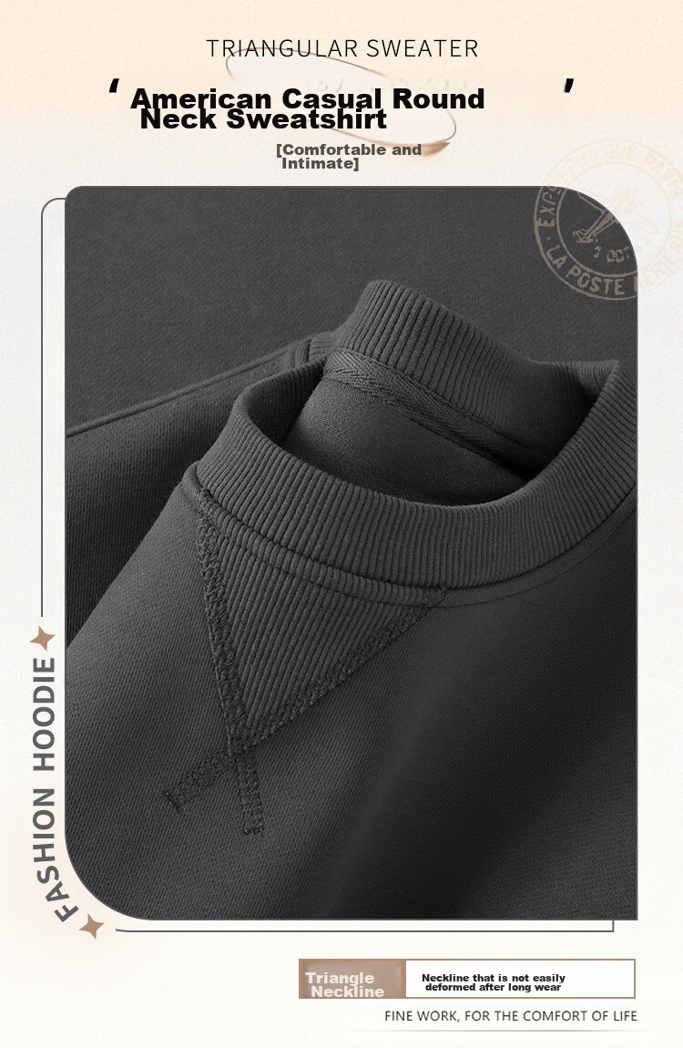 JEANSWEST LIFE Men's Hoodless Sweatshirt, Loose-Fitting Base Layer Jacket for Spring And Autumn, Triangular Design, Heavyweight Round Neck Top for Me 2