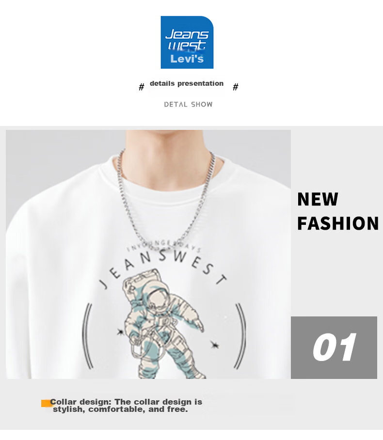 Jeanswest Sweatshirt, Men's Round Neck, Trendy Brand, 2026 Autumn Top, Fashionable Loose Pullover, Men's Jacket, Black, XL 14