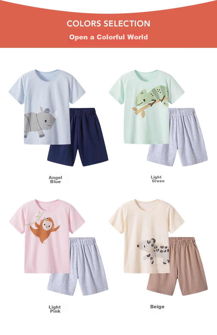 THREEGUN Water-Soft Cotton Children's Short-Sleeve Shorts Pajama Set, Boys And Girls, 89205D0, Light Green, Size 120 8