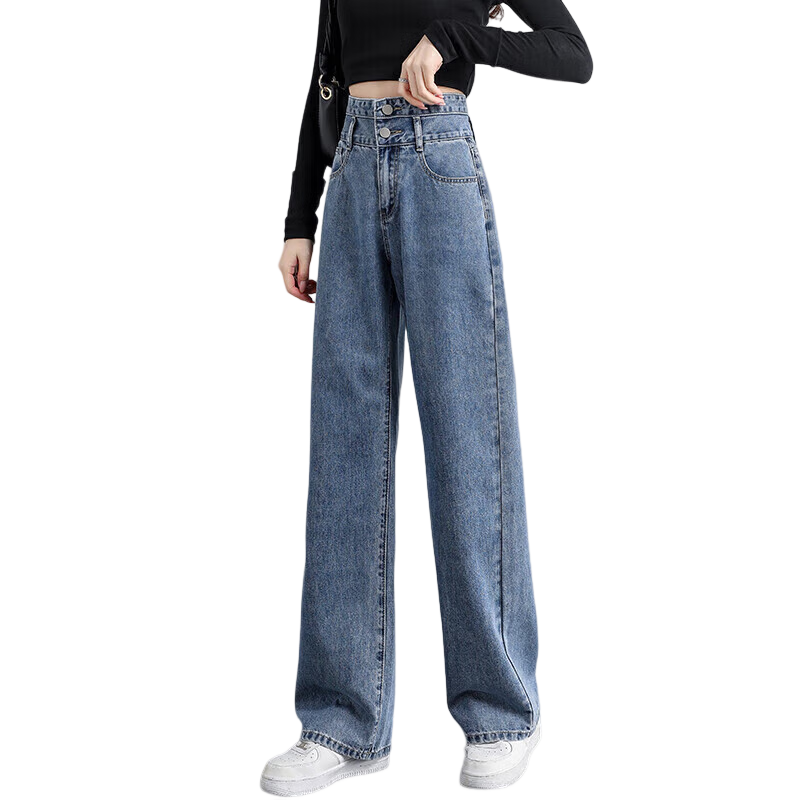 Jeanswest Women's High-Waisted Slimming Straight-Leg Wide-Leg Jeans with Design Flair, Summer Style, Dark Blue, Size L