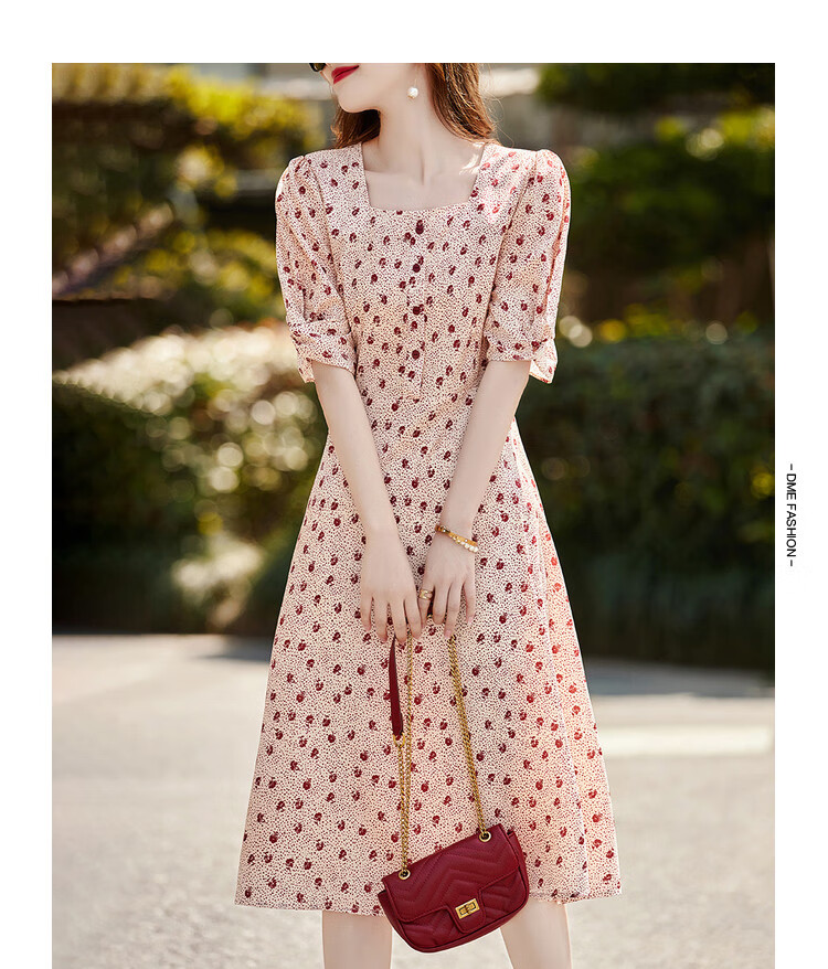 Dme Chiffon Floral Print Summer Waist-Cinching A-Line Square Neck Puff Sleeve Floral Single Row Decorative Button Dress for Women, Summer, Goose Yellow, L 5