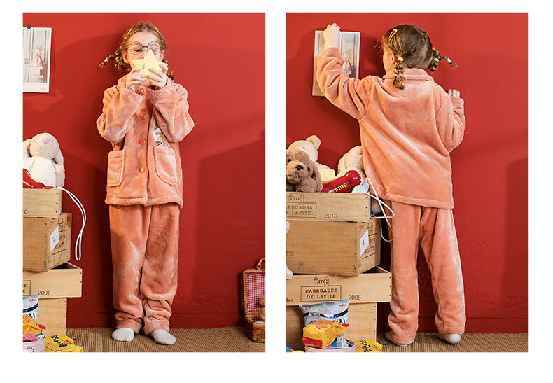 Fenteng Children's Pajamas, Girls' Sleepwear, Fawn Velvet Lapel, Comfortable Embroidered Girls' Pajamas, Loungewear, Q9984741074 13