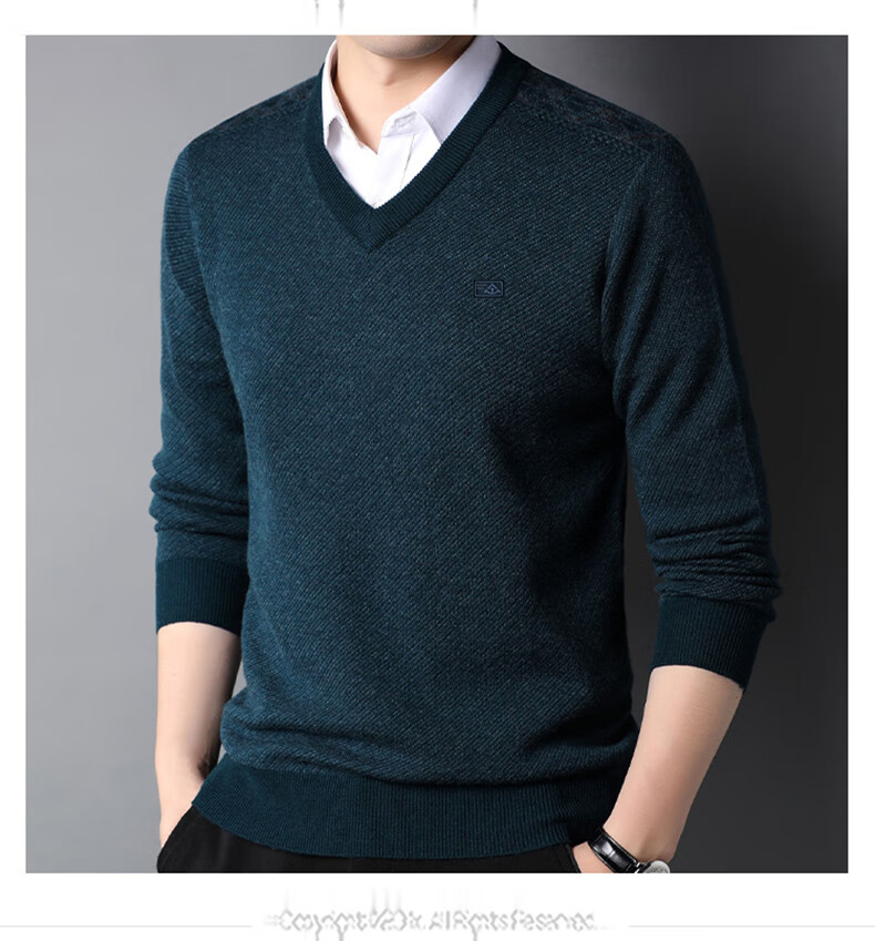 Hengyuanxiang 100% Pure Wool Men's V-Neck Thick Sweater Heart-Shaped Collar Men's Clothing 15213601 Blue Black 170/88A 6