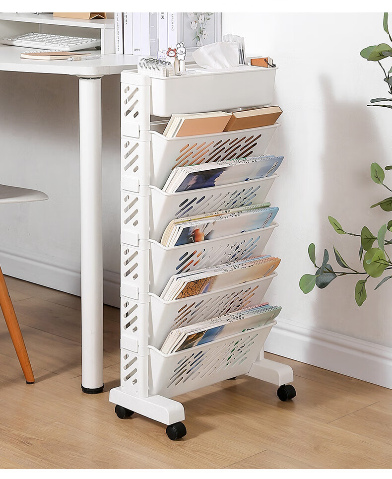Jinlongxing Mobile Bookshelf, Classroom Desk Side Storage Rack, Floor-Standing Book Organizer with Wheels, Magazine Rack, Six-Tier 11