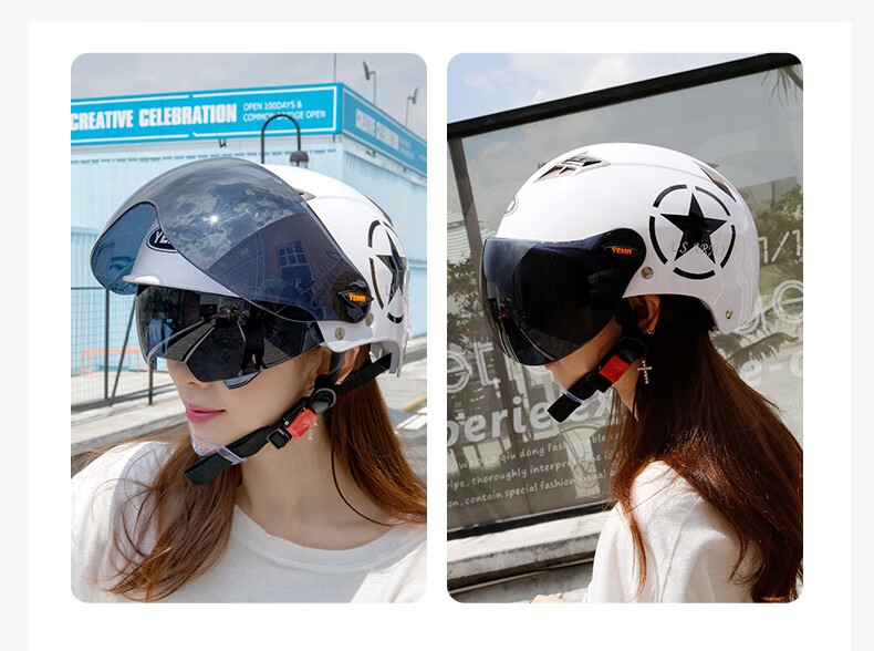 YEMA 3C Certified 329S Electric Motorcycle Helmet, Summer Dual-Lens Half Helmet for Men And Women, Sun Protection Safety Helmet, One Size Fits All, White with Clear Long Visor 4
