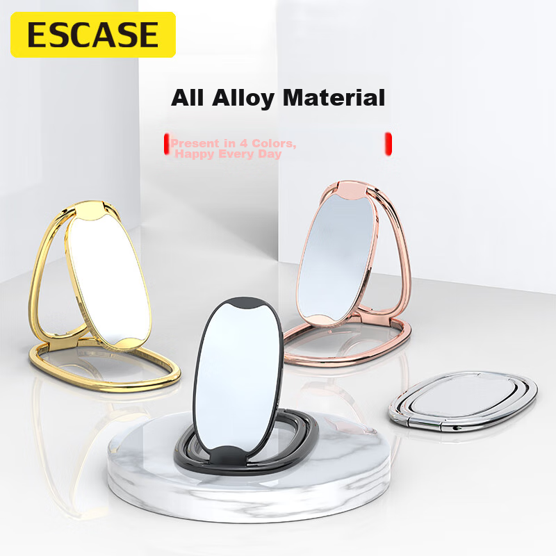ESCASE Phone Stand, Desktop Foldable Metal Ring Clip, Adhesive Portable Lazy Support, Adjustable, Suitable for Apple/Huawei/Vivo Etc., Black, MDF-02