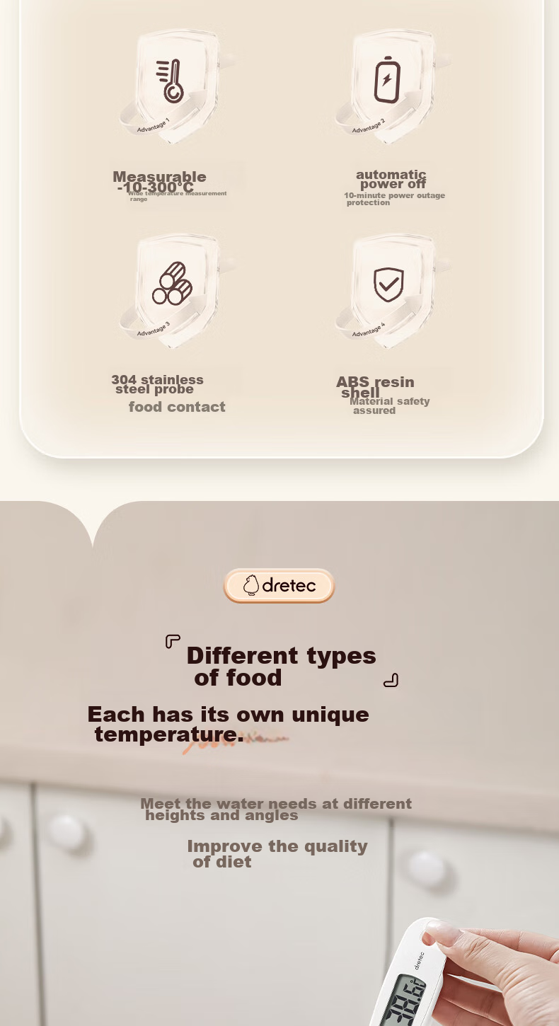 Dretec Electronic Thermometer, Food Temperature Gauge, Stainless Steel Probe, One-Second Temperature Measurement, Heat Protectio 3