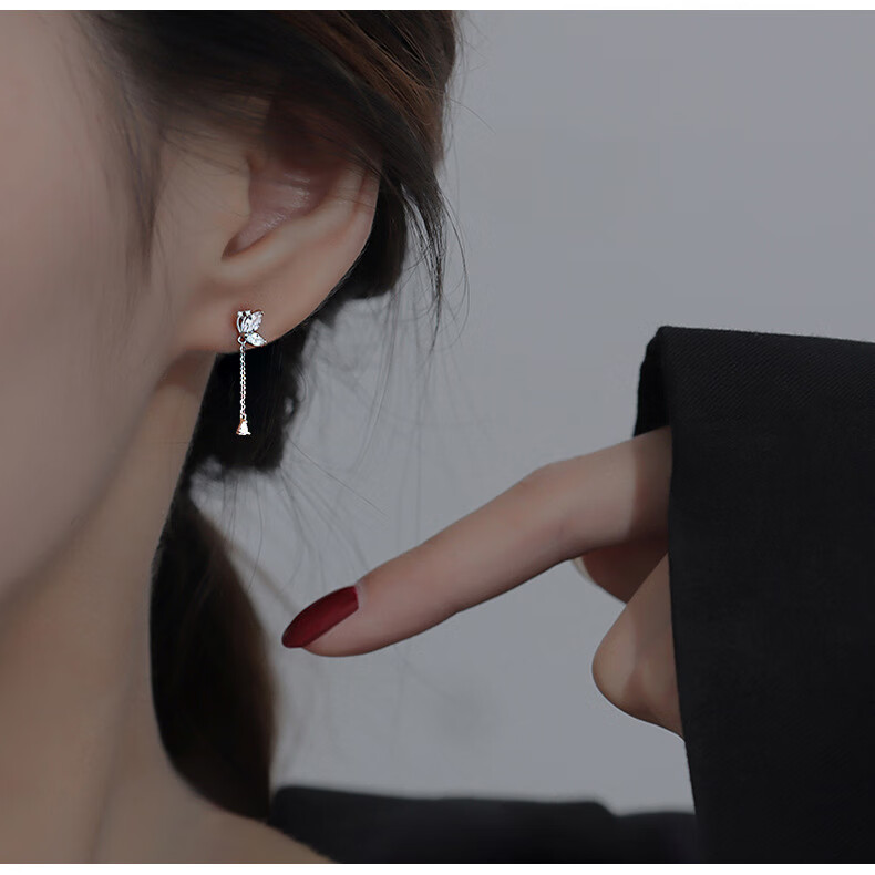 Dijing 999 Sterling Silver Long Earrings with Tassel Butterfly Studs, Birthday Gift for Women, Fashionable Ear Jewelry for Girlfriend 9