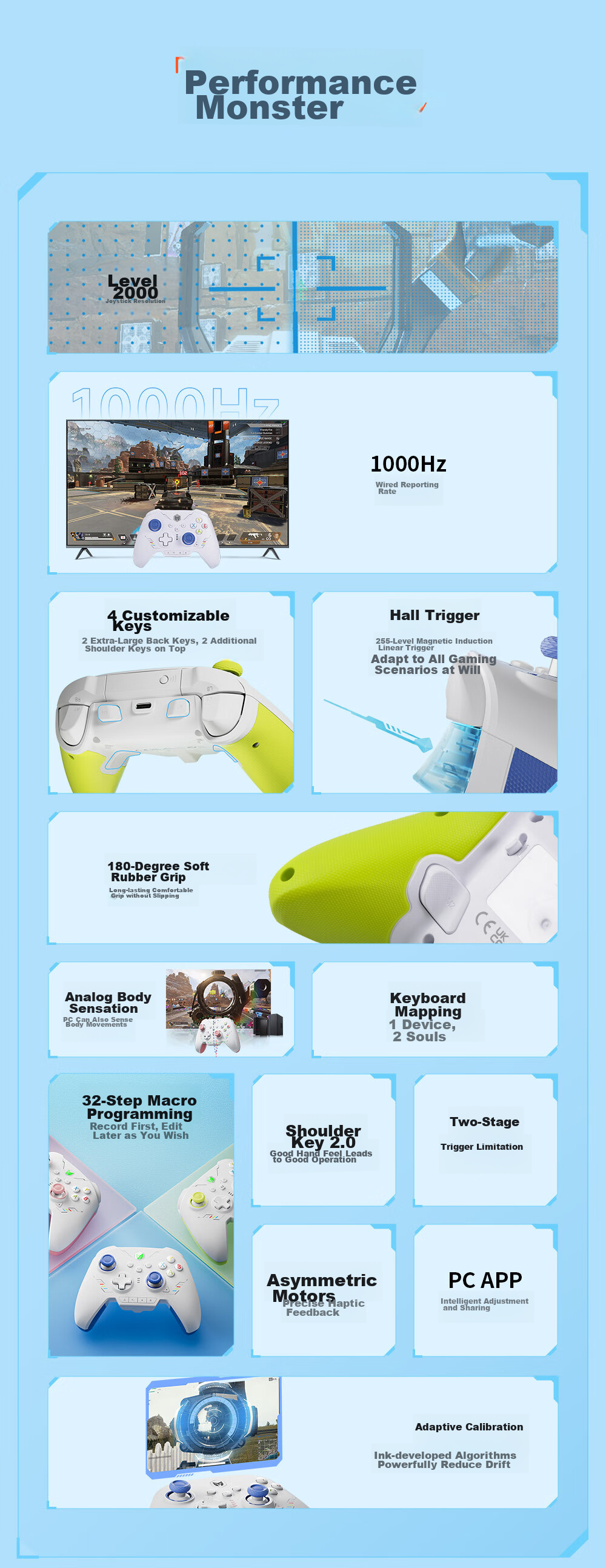 Mojiang Rainbow 2 Se Wireless Game Controller Switch Pro Bluetooth Motion Sensing Vibration for PC, Mobile Phone, Steam, Apex Legends, Black Myth: Wukong, Horizon 6 Precise Blue 2