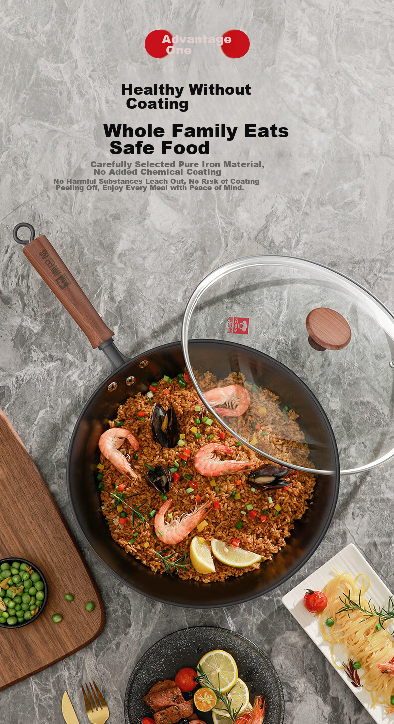 KOBACH Iron Wok without Coating, Large Capacity Stir-Fry Pan for Home Use, 34cm, Compatible with Induction And Gas Stoves 2