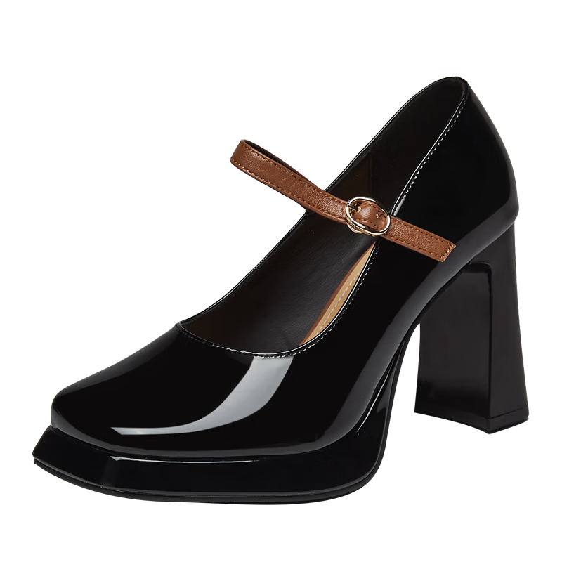 DAPHNE Ultra High Heels for Women, French Style Elegant Single-Strap Buckle Square Toe Chunky Heel Pumps 4623101118 Black Size 39