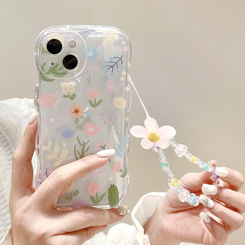 Jiangming Wave Airbag Ultra-thin Lens Full Coverage Anti-fingerprint Anti-fall Clear Fresh Fairy Soft Shell with Hand Strap for Apple 13 Phone Case