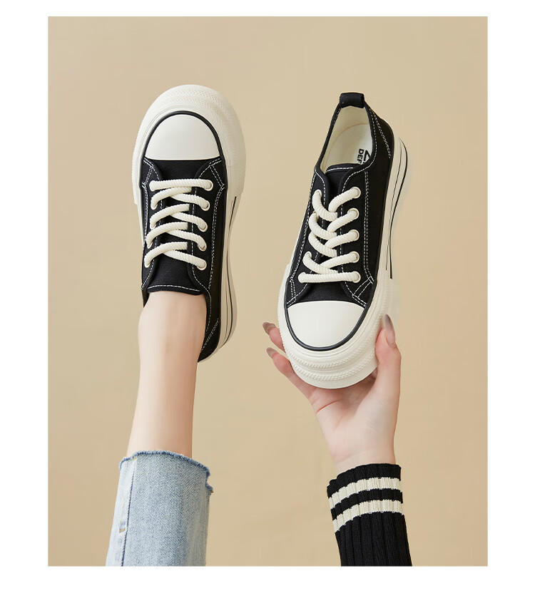 ZHR Canvas Shoes for Women, Round Toe Lace-Up Thick-Soled Women's Shoes, Simple Versatile Casual Shoes, CS33 Black, Size 37 9