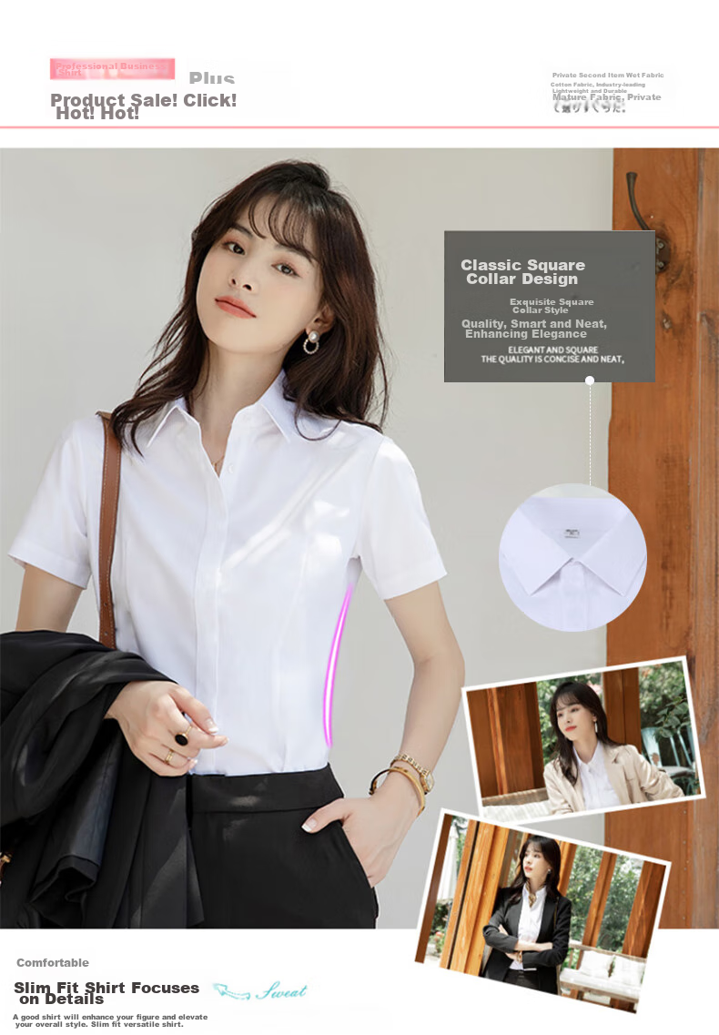 XUEXIMAN Short-Sleeve Shirt for Women, Work Uniform Blouse, Business Casual Slim-Fit Professional Wear, Summer Work Clothes, Square Collar, White 2