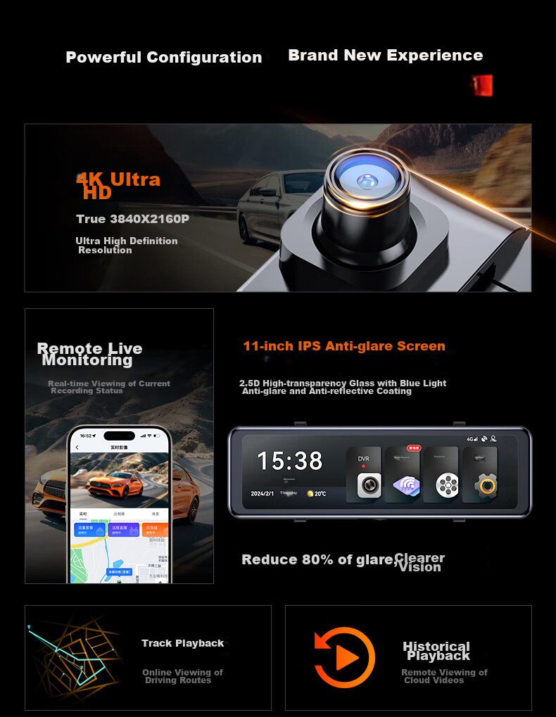 Weilute 4G Sentry Mode, Self-Driving Recorder, 360-Degree Panoramic 24-Hour Parking Monitoring, SONY Rearview Mirror 6