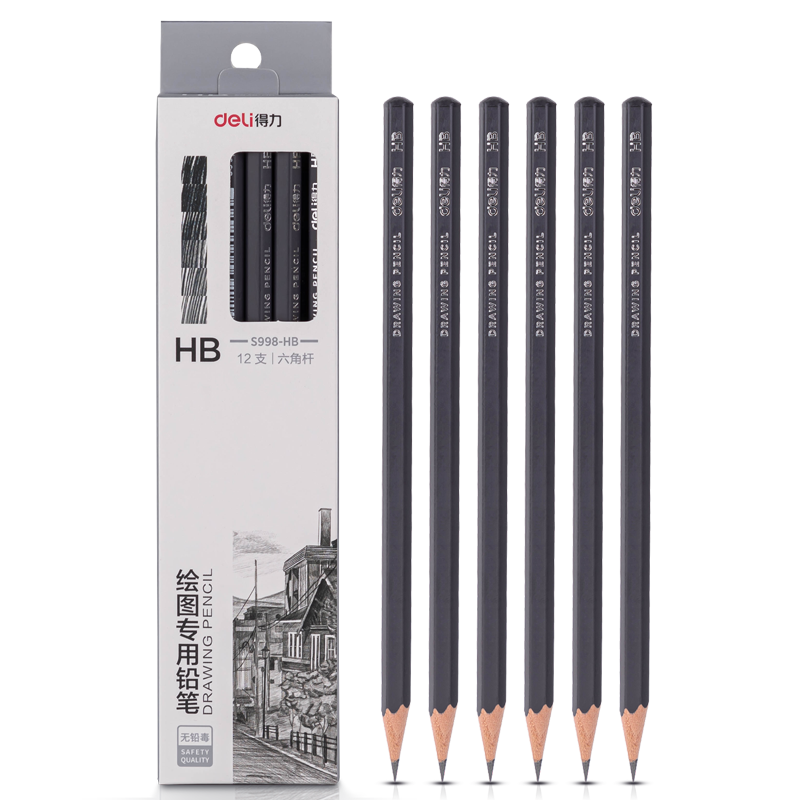 Deli Drawing Pencils, 12 HB Sketching Pencils, Hexagonal Barrel Writing Black Pencils for Students, Art Sketching Engineering Drawing Pencils for Beginners, Back-To Stationery