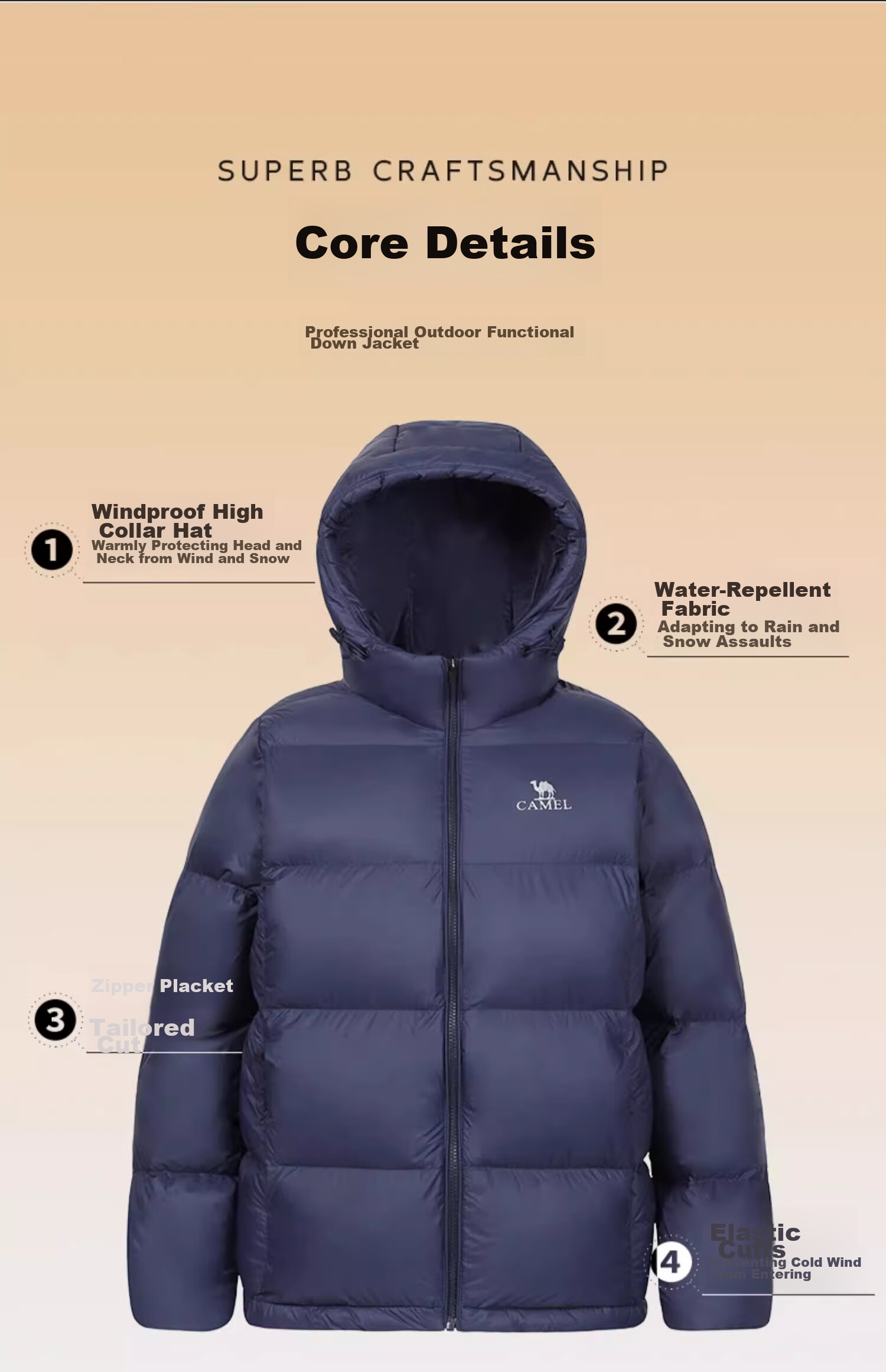 CAMEL Outdoor down Jacket, 600 Fill Power, New Short Style for Men And Women, Thick Puffer Coat 17