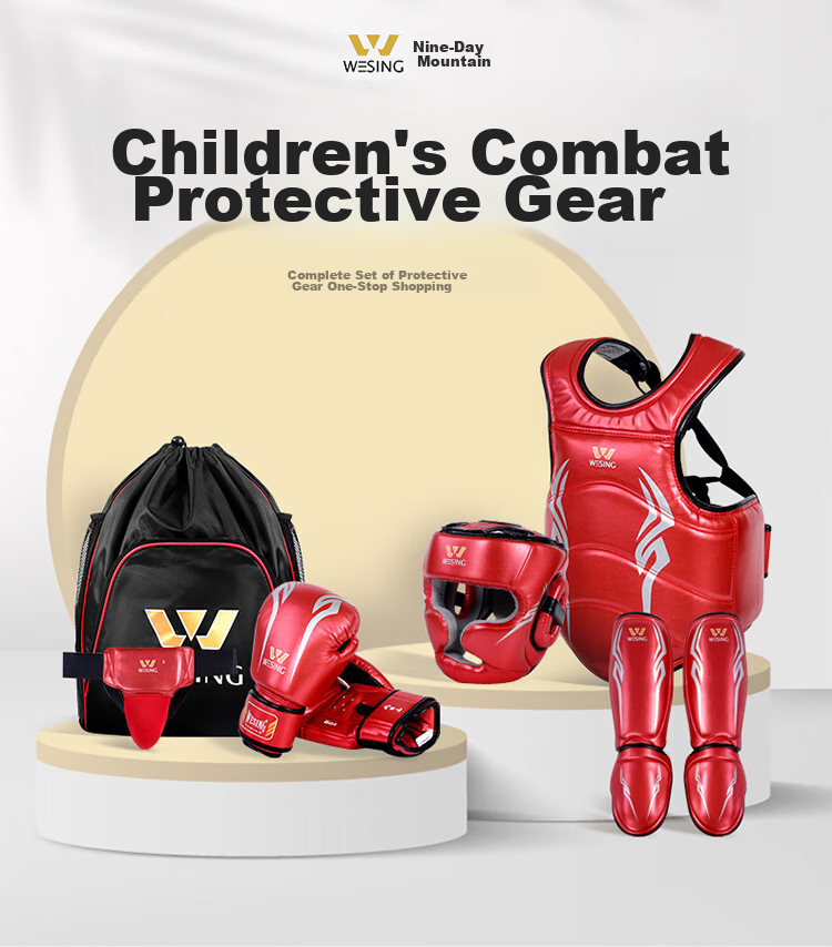 Jiurishan Children's Combat Protective Gear Set, Sanda Boxing Training Equipment, Youth Gloves And Helmet, 6-Piece Set, Blue, Size S 1