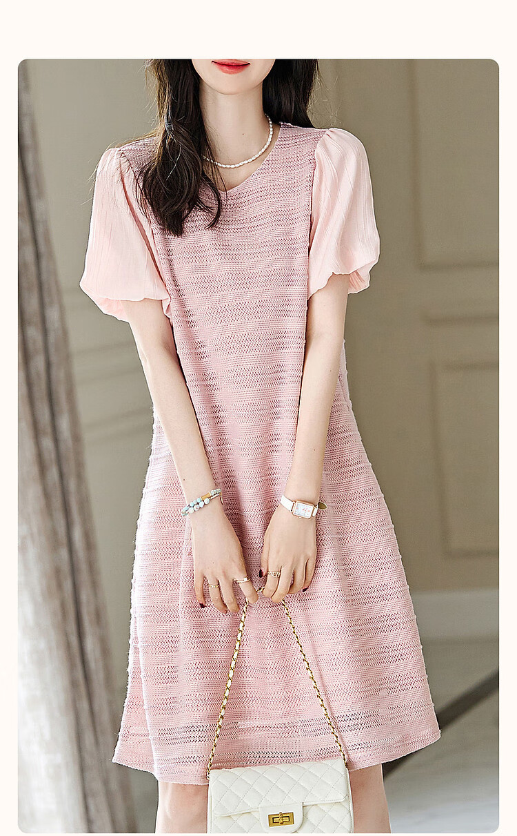 Dme [Atmospheric And Elegant Female Lead] Summer Round Neck Puff Sleeve Single-Button A-Line Dress Striped Patchwork Dress for Wome 3