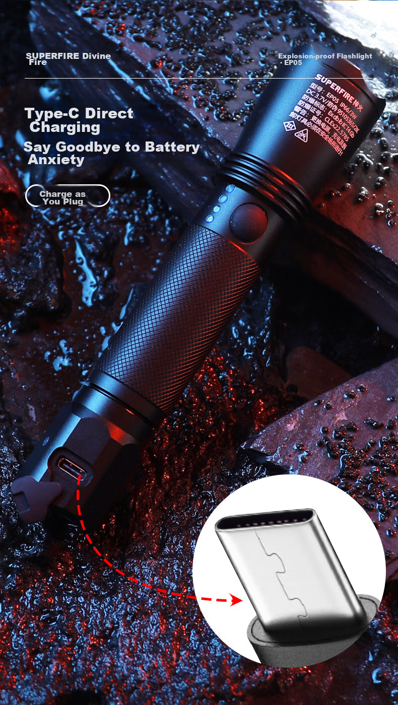 SupFire EP05 Industrial Explosion-Proof High-Intensity Flashlight LED Rechargeable Ultra-Bright Long-Range with Explosion-Proof Certificate for Construction Sites, Miners, And Firefighters 3W High-Power Ultra-Long Battery Life 8 Hours 10