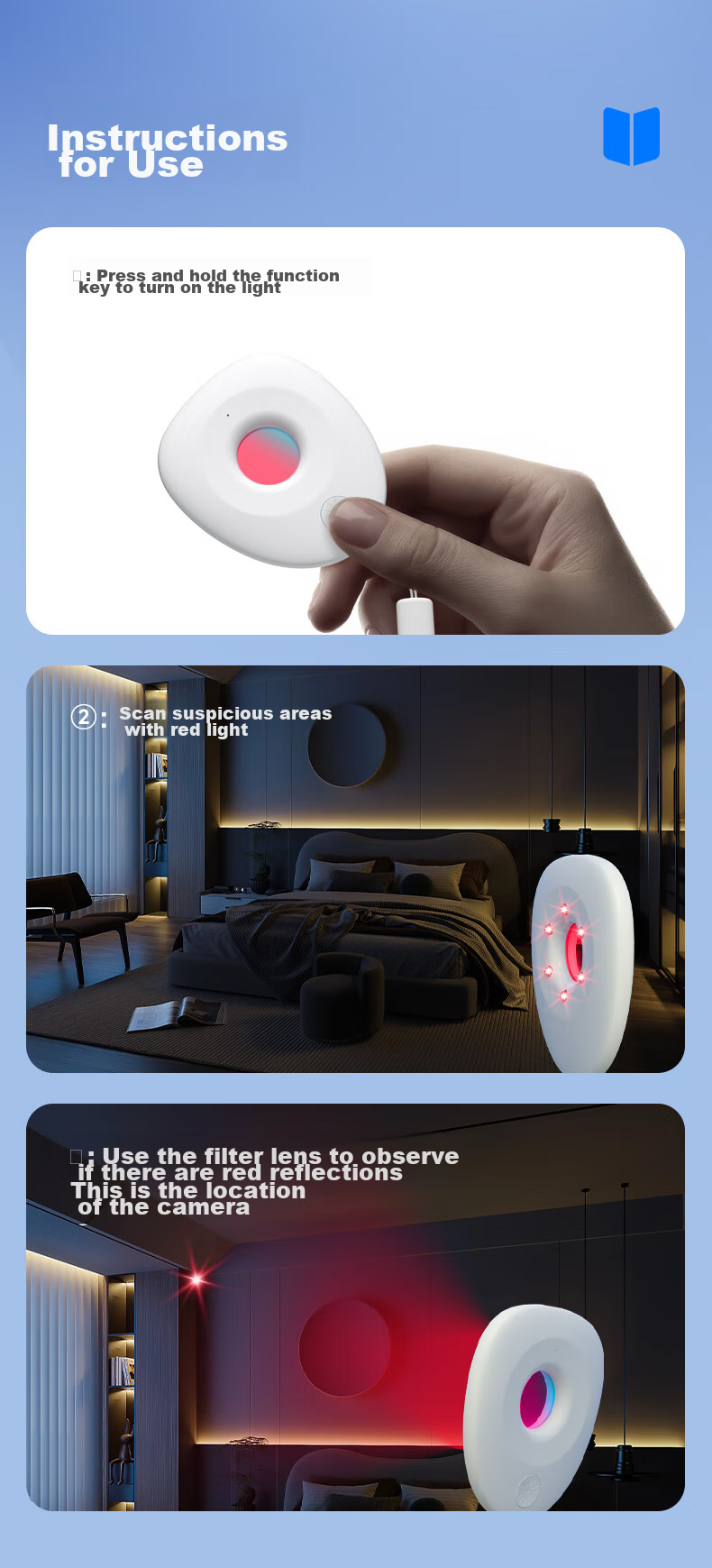 Pisen Hotel Camera Detector, Anti-Peeping Anti-Recording Rechargeable Small Infrared Scanning Camera Inspection Device Anti-Monitoring for Travel Suitable for Hotels And Guesthouses, Black 11