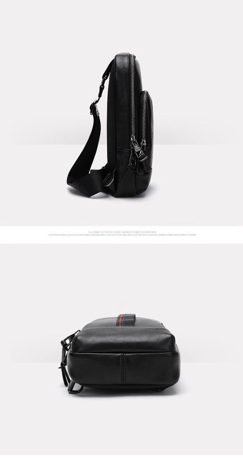 ELLE HOMME Fashion Men's Chest Bag, Casual Top-Grain Leather Shoulder Crossbody Bag, Trendy Men's Bag 04280 Black 8