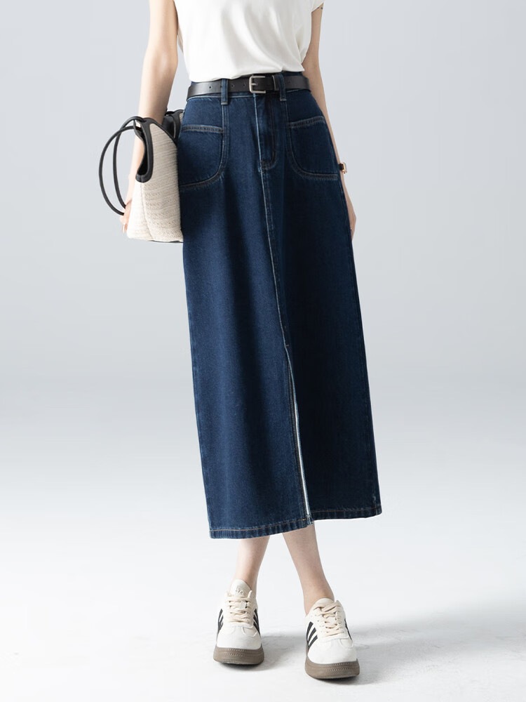 Dme New High-Waisted Retro Straight Loose A-Line Mid-Length Denim Skirt for Women, Dark Blue, Size 29 26