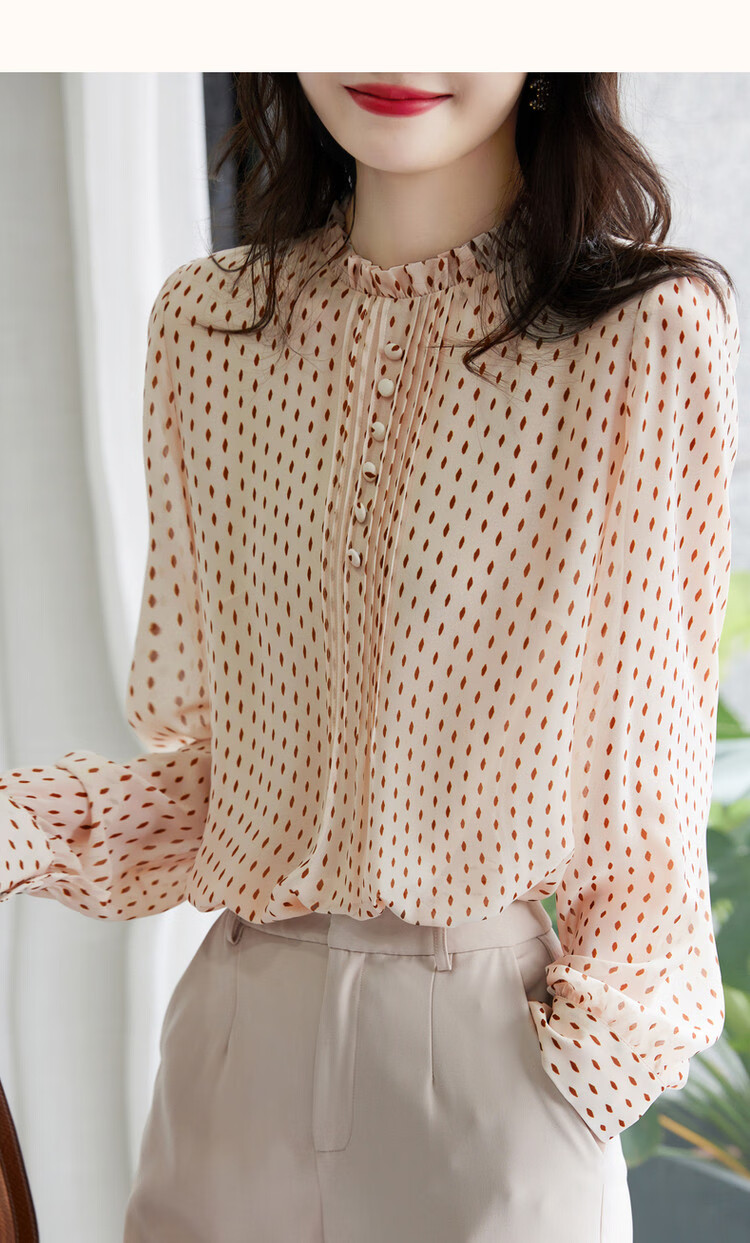 Dme [Polka Dot Puff Sleeve Blouse], Spring And Autumn Stand-Collar Fitted Long-Sleeve Commuter Shirt, Women's Top 15