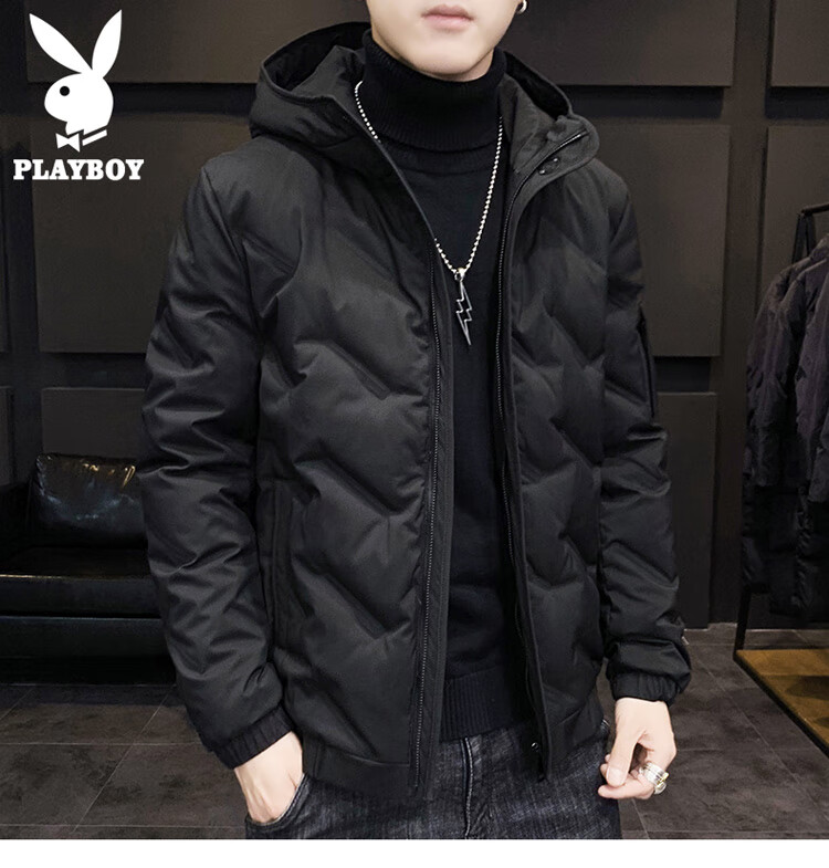 PLAYBOY Men's Autumn Winter Hooded Lightweight Warm Down Jacket Workwear Black 2XL 4