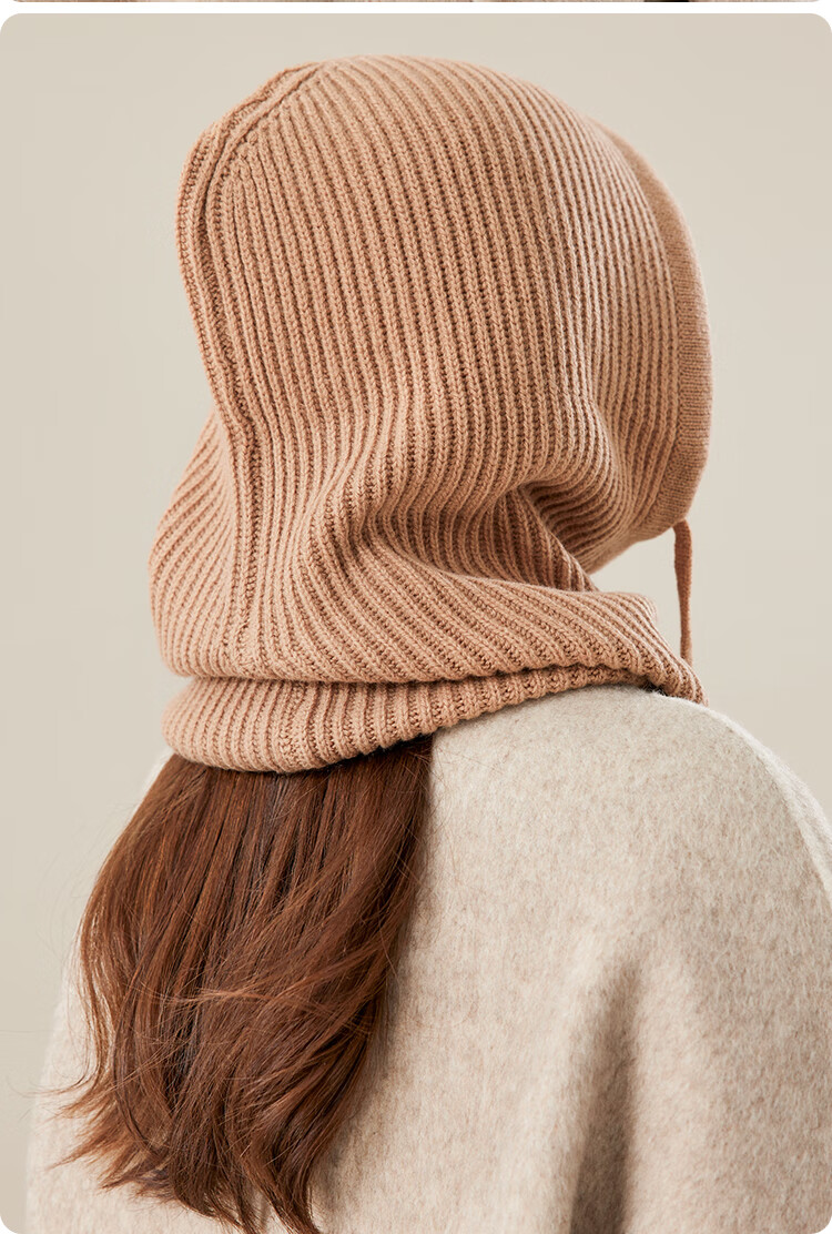 JIUMU Pure Wool Warm Knit Hat for Women, Autumn And Winter Balaklava Knitted Cap, Cold-Proof Hood with Integrated Neck Warmer 19
